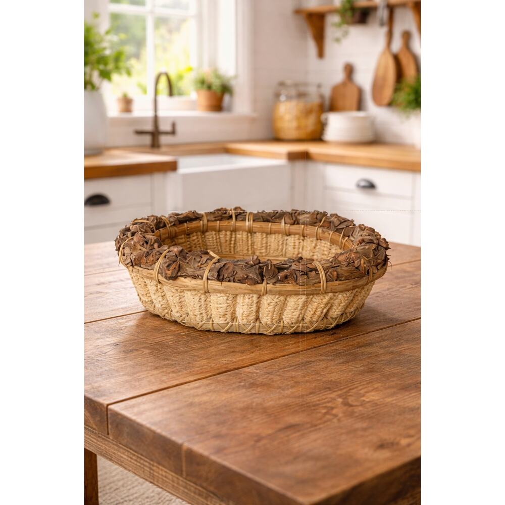 Dried Corn Stover Storage Basket Bark Trim Country Farmhouse Farm Decor Folk Art